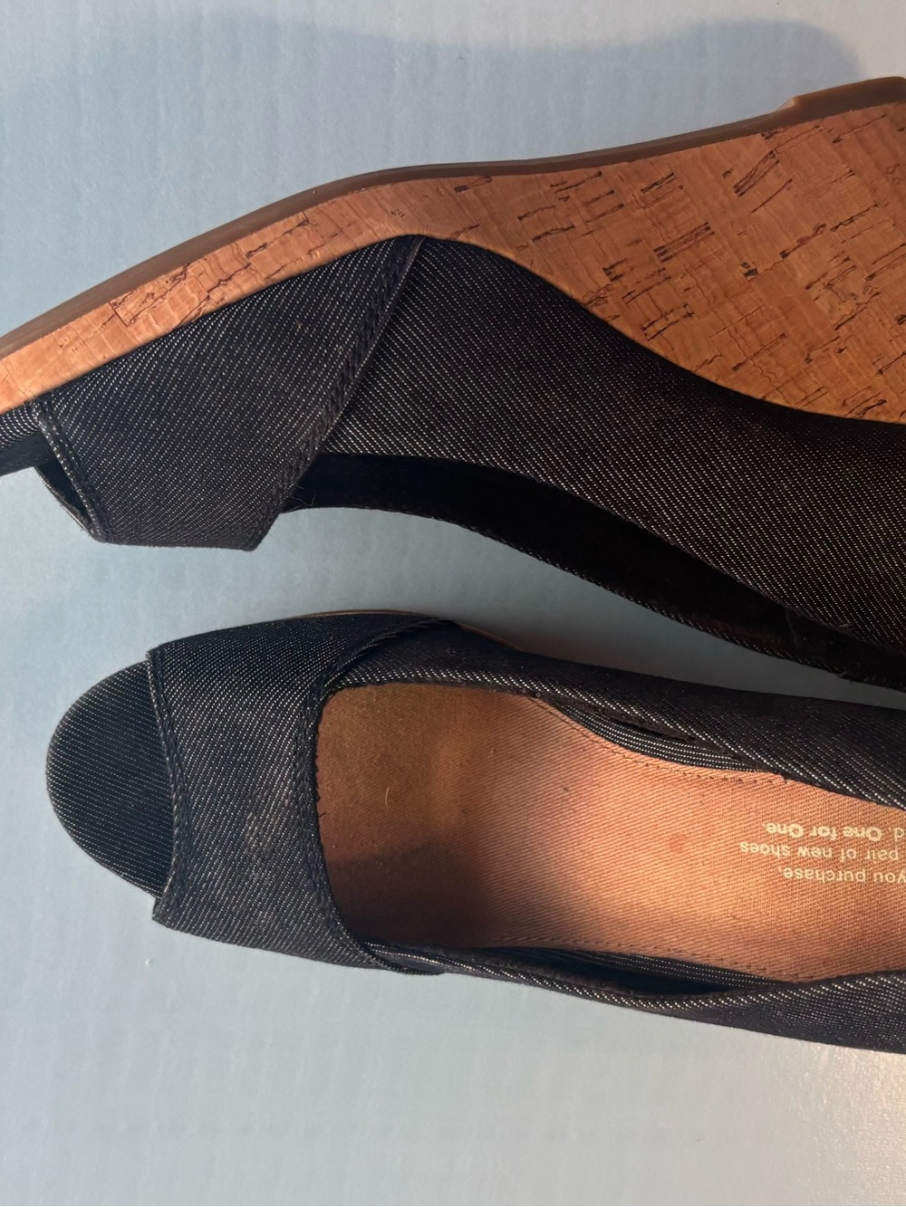 Toms Black Denim Cork Wedge Peep-Toe